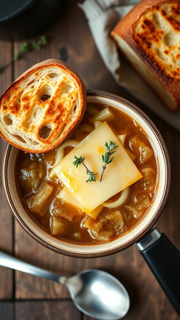 Savory Onion Soup Recipe A bowl of French onion soup with melted cheese and toasted bread, garnished with thyme.